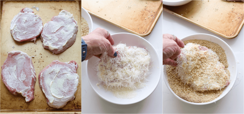 Some of the steps for making parmesan crusted pork chops. Spread the mayo over one side of the the pork chops. Dip the mayo side in the parmesan cheese and then in the breadcrumb mixture.