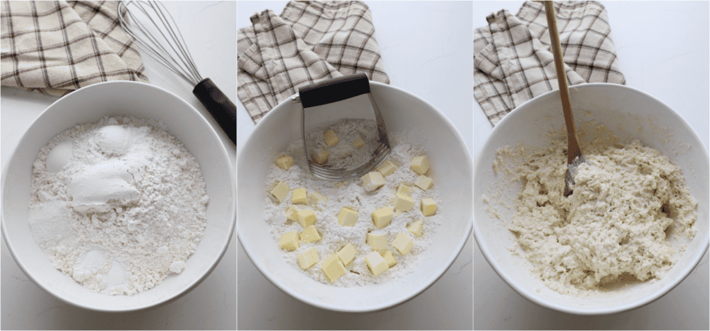 Some of the steps for making cathead biscuits. Whisk the all-purpose flour, cake flour, baking powder, baking soda, salt, and granulated sugar in a large bowl.