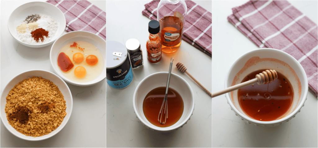 Some of the steps for making hot honey chicken. Set up the breading stations. In the first bowl, combine the flour, paprika, salt, black pepper, garlic powder, and onion powder. In the second bowl, whisk the eggs and hot sauce. In the third bowl, combine the crushed cornflakes, chili powder, and cayenne pepper.
Whisk the hot honey sauce ingredients together.