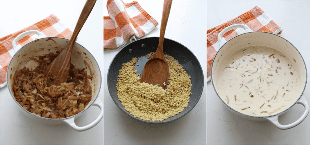 Some of the steps to making French onion mac and cheese. 
Caramelize the onions in butter and olive oil in a large skillet over medium-low heat. Remove ½ of the caramelized onions. Reduce the heat to low. Melt a little butter in a skillet. Add the breadcrumbs and brown for a few minutes, over low heat. Add the garlic and cook for a minute. Sprinkle the caramelized onions in the skillet with flour and cook for a couple of minutes. Slowly add the milk and cook until slightly thickened.