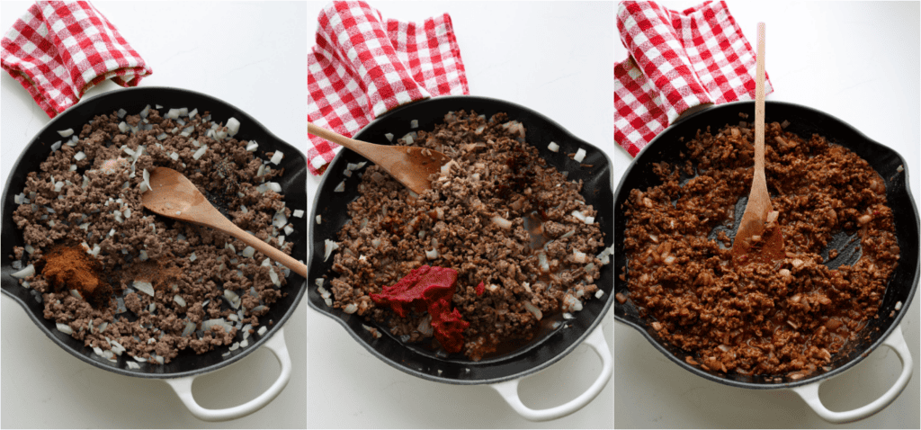 Some of the steps for making hotdog chili. Brown the ground beef in a Dutch oven or large pot over medium heat.
About halfway through the browning process, add the onion and cook for 3-4 minutes.
Reduce the heat to medium-low, then add the garlic, chili powder, ground cumin, salt, and black pepper. Add the Worcestershire sauce, tomato paste, beef broth, chipotle pepper, adobo sauce, and ketchup.