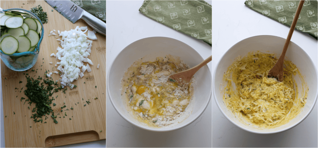 Some of the steps to making zucchini pie. Stir the baking mix, eggs, melted butter, rosemary, parsley, salt, and pepper in a large bowl. Stir in the cheddar and Parmesan cheese.