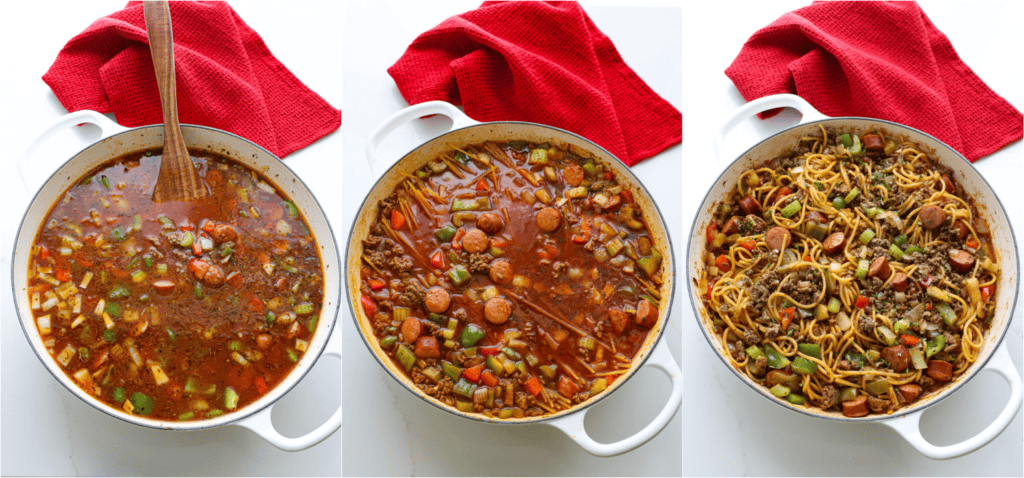 Some of the steps for making dirty spaghetti. Add the tomato sauce, beef broth, and spaghetti. Simmer until the spaghetti is tender and most of the liquid is reduced. 
Season to taste with salt and black pepper. Garnish with chopped fresh herbs.