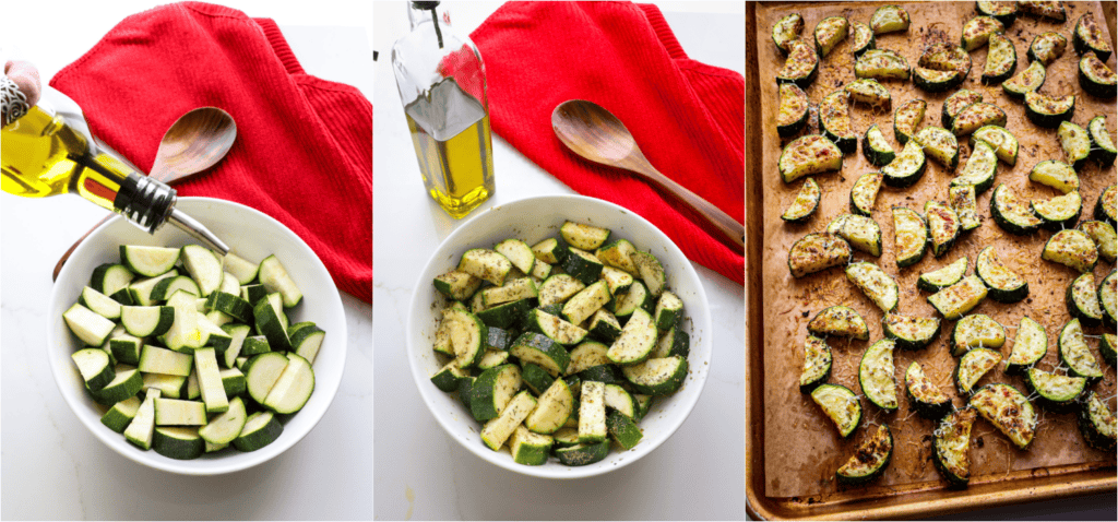 Some of the steps for making oven roasted zucchini. Toss the zucchini with olive oil. Sprinkle on the herbs. Spread them in a single layer on a parchment-covered baking sheet. Roast for about 15 minutes.