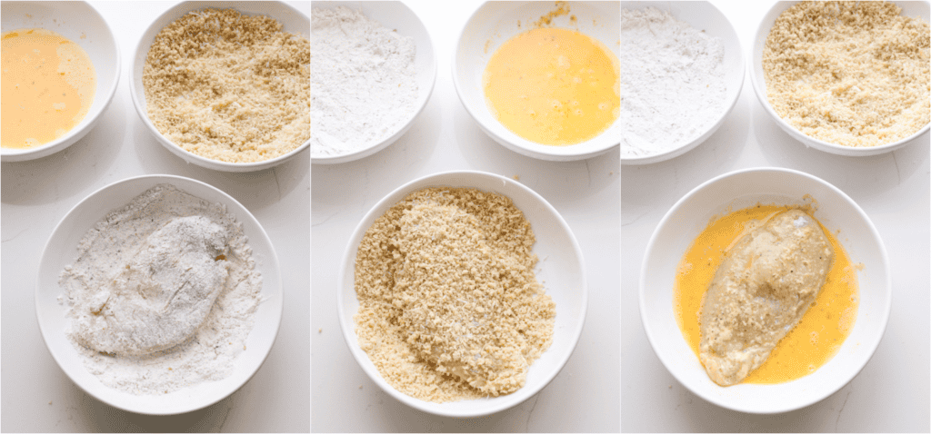 Some of the steps for making baked chicken Parmesan. Dredge the chicken filets in the flour, then in the beaten egg mixture, and then through the breadcrumb mixture.