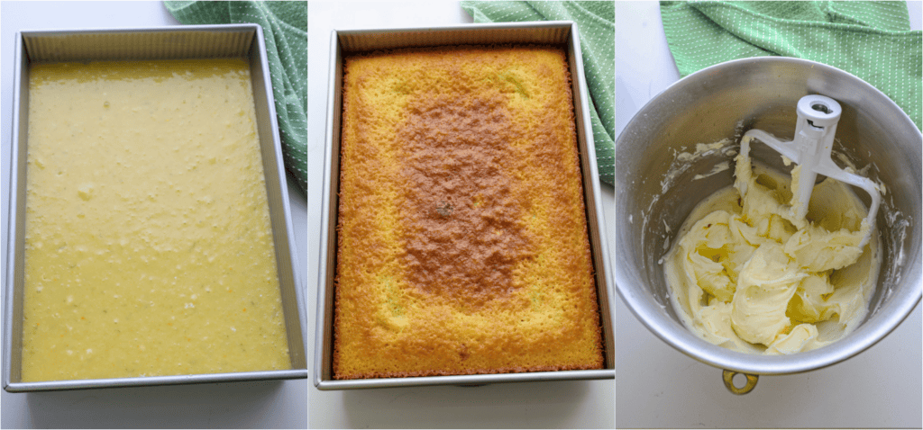 Some of the steps to making key lime cake. 