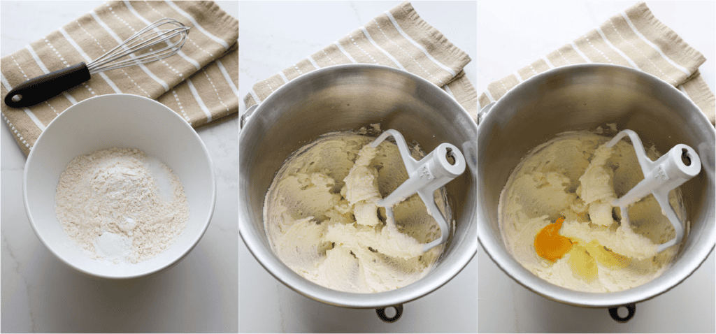 Some of the steps for making chocolate chip pound cake. Whisk the flour, baking powder, and sea salt together. Cream the butter and sugar. Add the eggs and vanilla extract to the butter mixture.