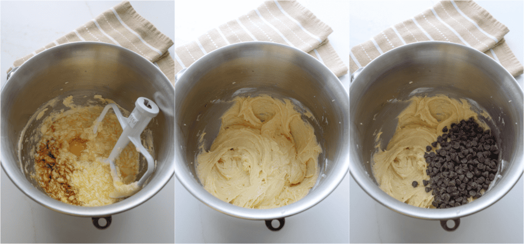Some of the steps for making chocolate chip pound cake. Beat in the flour mixture just until combined.