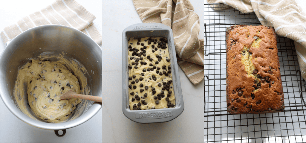 Some of the steps for making chocolate chip pound cake. Toss the chocolate chips with a tablespoon of flour and fold them gently into the batter. Spoon the batter into a greased and floured loaf pan. Top the loaf with more chocolate chips.
Bake until a toothpick inserted in the top comes out clean. Cool the loaf in the pan for a few minutes before inverting.