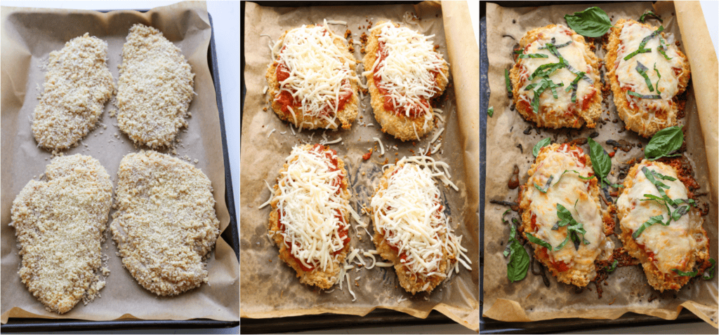 Some of the steps for making baked chicken Parmesan. Place the breaded chicken cutlets in a single layer on a parchment-covered baking sheet. Bake until crispy and cooked through. Remove the baking sheet from the oven and top with a layer of marinara followed by a healthy amount of shredded mozzarella. 
Return the baking sheet to the oven for 4-5 minutes or until the cheese melts.