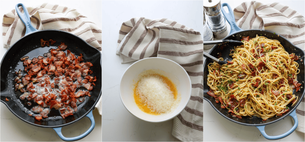 Some of the steps for making spaghetti carbonara. Brown the bacon in a skillet. Remove the bacon to paper towels to drain. Working quickly, toss the hot cooked pasta with the bacon and garlic. Slowly add the egg mixture and toss to coat.
Remove most of the bacon grease. Cook the garlic in the skillet over low heat for a minute. Whisk the eggs and Parmesan cheese together.
