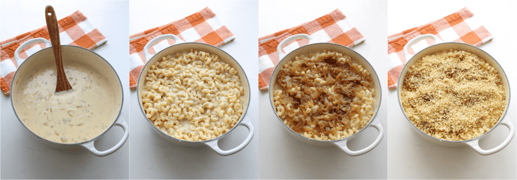 Some of the steps to making French onion mac and cheese. Slowly stir in the shredded cheese until melted and smooth. Stir in the cooked pasta. Top with the reserved caramelized onions and toasted panko breadcrumbs.