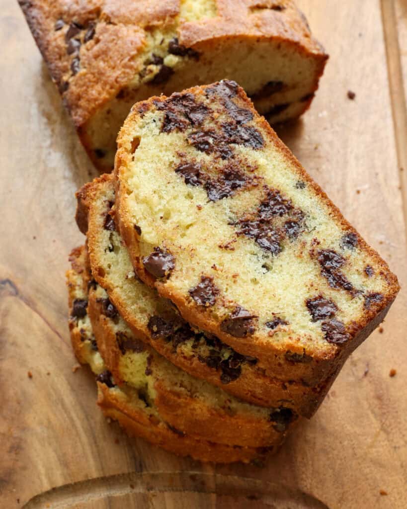 A stack of slices of chocolate chip pound cake.