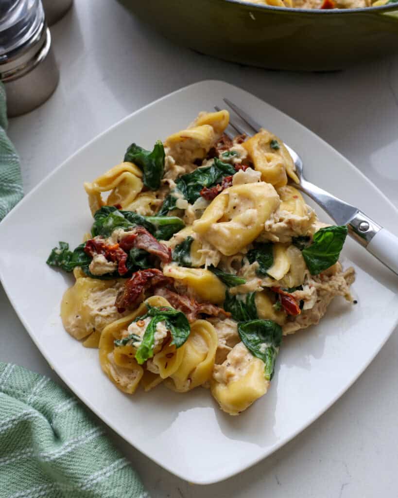 A single serving white plate with creamy tortellini with chicken.
