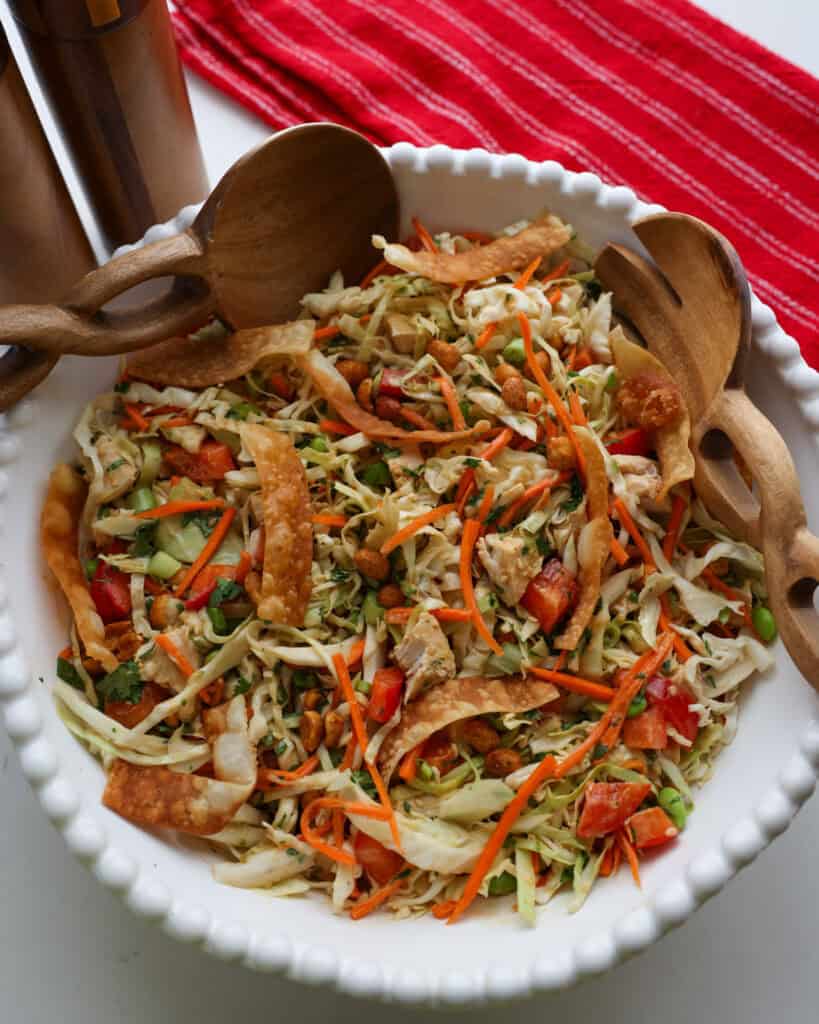 Thai chicken salad with fried wonton strips in it.
