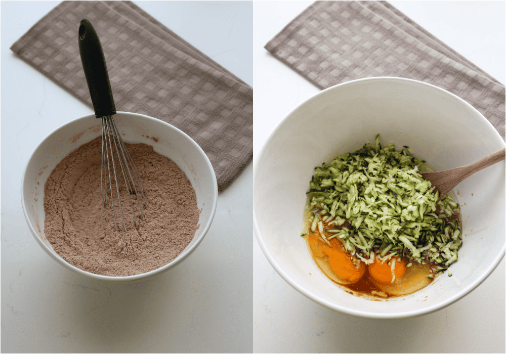Some of the steps for making chocolate zucchini muffins. Whisk the flour, cocoa powder, baking soda, baking powder, and salt in a medium bowl. In a large bowl, mix the granulated sugar, brown sugar, melted butter, vegetable oil, eggs, vanilla extract, and shredded zucchini.