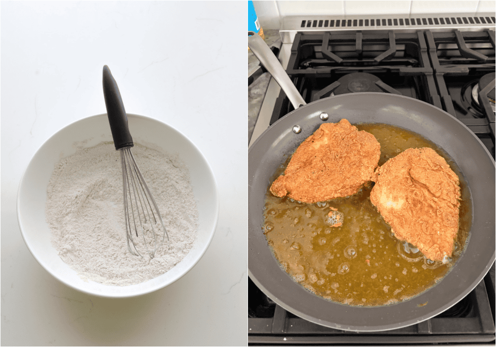 Some of the steps to making hot honey chicken sandwiches. In a large wide bowl, whisk the flour, cornstarch, smoked paprika, garlic powder, onion powder, salt, and pepper. Dredge the chicken breasts in flour and fry them in hot oil.
