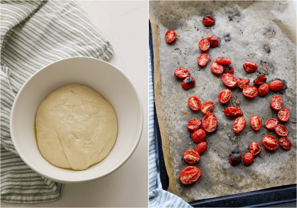Some of the steps for making pesto pizza. Remove the pizza dough from the fridge and place it in a bowl lightly brushed with olive oil. Cover and let it rest for about 2 hours
Brush the tomato halves with olive oil and sprinkle with freshly ground black pepper. Roast the tomatoes.