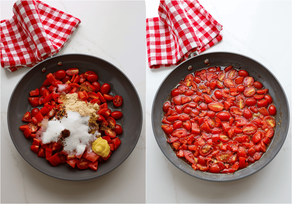 Some of the steps for making tomato jam. Add the tomatoes, both sugars, vinegar, grated ginger, sea salt, ground cumin, ground cinnamon, red pepper flakes, and ground cloves to a saucepan over medium-low heat. Simmer for 30-60 minutes over low heat, stirring several times.
