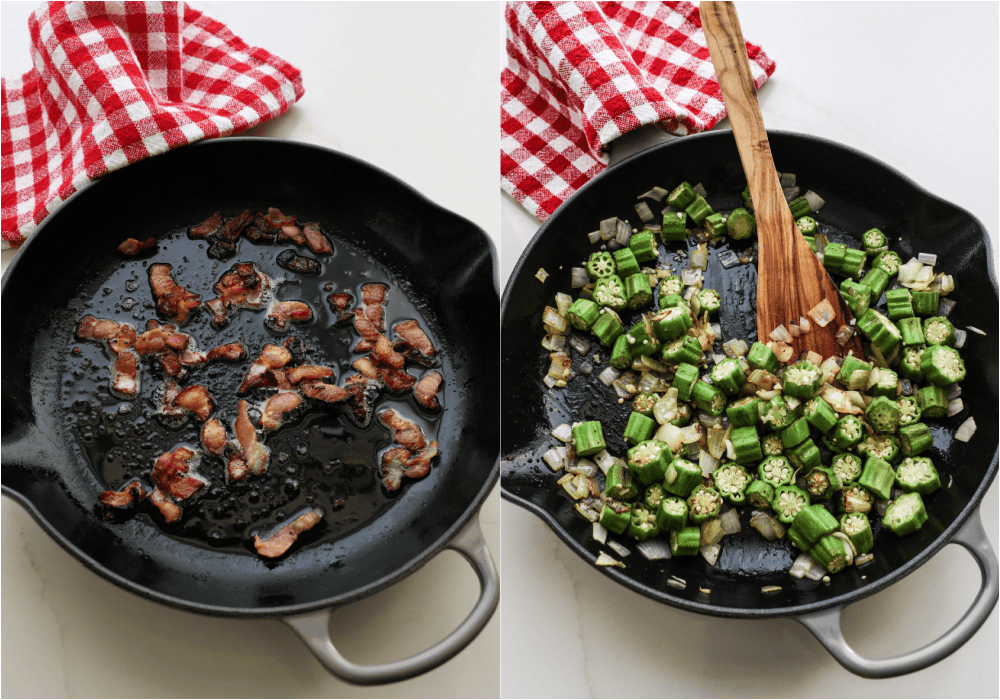 Some of the steps to making okra and tomatoes. Brown the bacon and remove it to paper towels. Leave the bacon grease in the skillet.
Add the onion and okra and cook for about 8 minutes or until lightly browned. Reduce the heat to low and stir in the garlic.