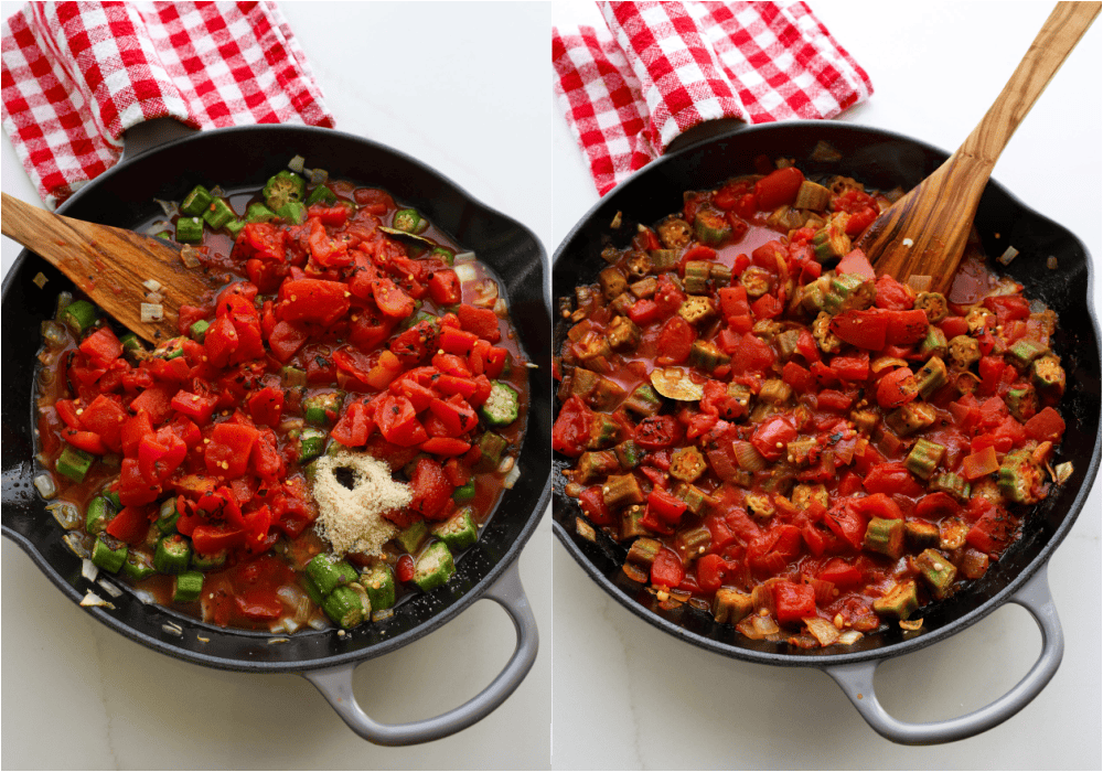 Some of the steps to making okra and tomatoes. Stir in the fire-roasted tomatoes, brown sugar, apple cider vinegar, and ground cayenne pepper. Simmer for 15-20 minutes.