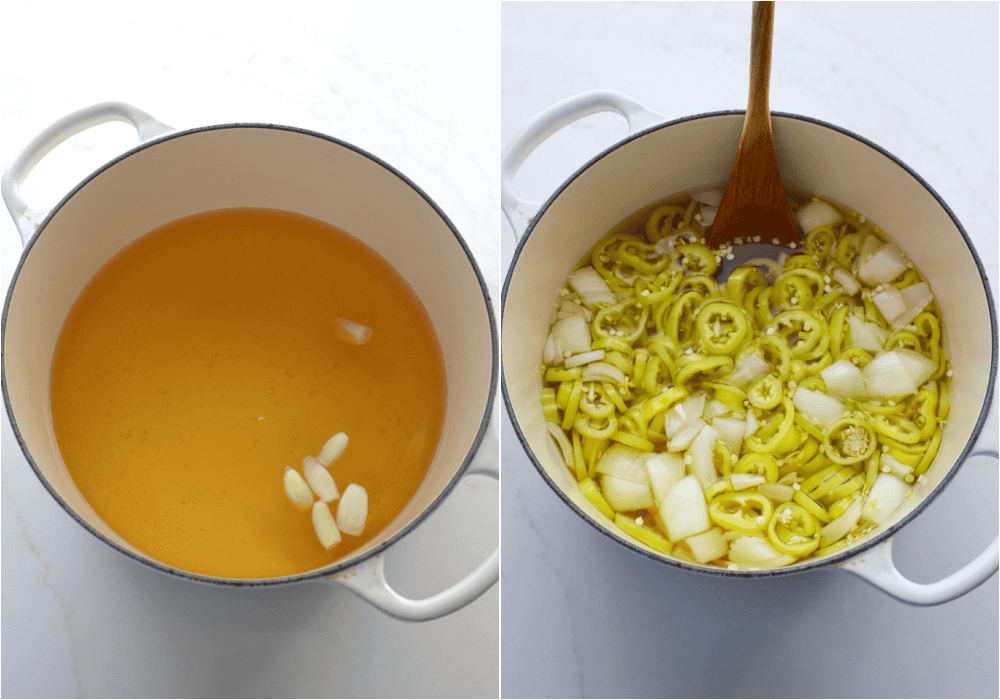 Some of the steps for making pickled banana peppers. Add the brining ingredients to a large pot and bring it to a boil. Remove the brine from the heat. Add the sliced banana peppers and onions to the pot. Stir gently to combine. Make sure the the banana peppers, onions, and garlic cloves are submerged.