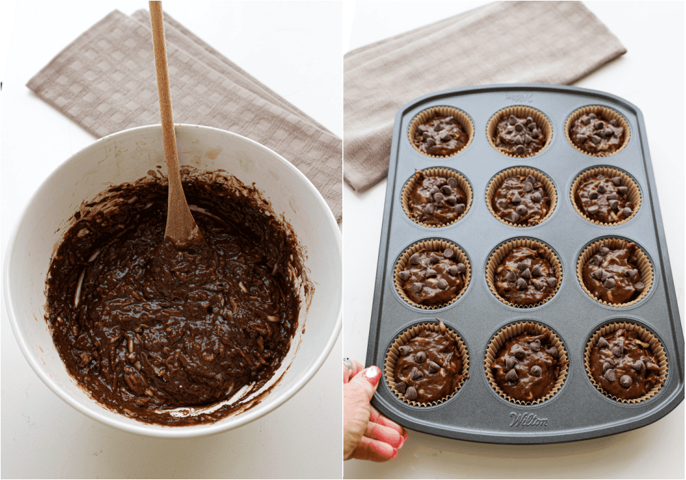 Some of the steps for making chocolate zucchini muffins. Add the dry ingredients to the wet ingredients and stir to combine. Fold in the chocolate chips. Divide the batter into a muffin tin with muffin liners. Top with a few chocolate chips.