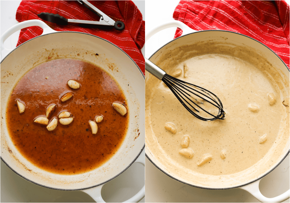 Some of the steps to making garlic chicken. Add the chicken broth and scrape the bottom of the skillet. Stir in the garlic powder and heavy cream and reduce for a few minutes.