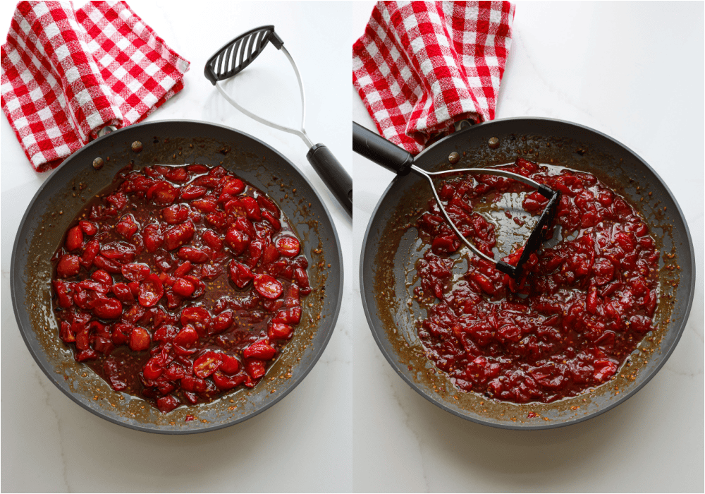 Some of the steps for making tomato jam. Use a potato masher to break up any tomatoes and achieve the desired consistency. Simmer another 10 minutes over low heat or until the mixture has thickened to the consistency of jam.