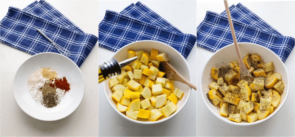 Some of the steps for making roasted yellow squash. Toss the yellow squash with olive oil. Sprinkle on the seasonings and herbs and toss again.