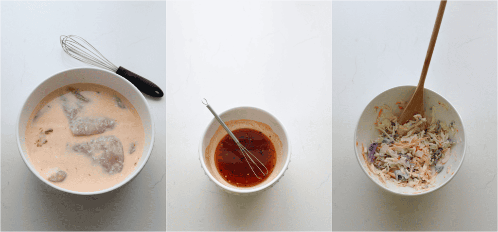 Some of the steps to making hot honey chicken sandwiches. Whisk the buttermilk, pickle juice, hot sauce, and egg in a large bowl. Add the chicken breasts and marinate for at least 30 minutes. If making homemade hot honey sauce, whisk the ingredients together. Mix the coleslaw ingredients together.