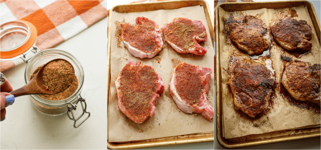 Some of the steps for making baked pork chops. Rub the pork chops with the pork seasoning. Let them rest for at least 30 minutes.
Bake until the pork chops register an internal temperature of 145°.