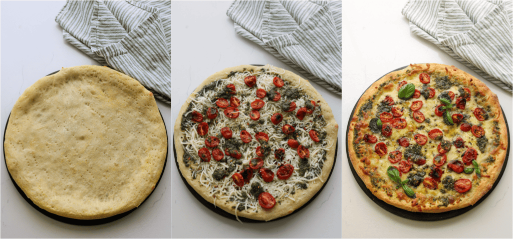 Some of the steps for making pesto pizza. Pat out the pizza dough, dock it, and prebake for about 6-7 minutes. Spread several tablespoons of pesto sauce over the pizza crust, top with the cheese, the roasted tomatoes, and a few small dollops of the pesto sauce. Bake until the cheese is melted and the crust is golden brown.