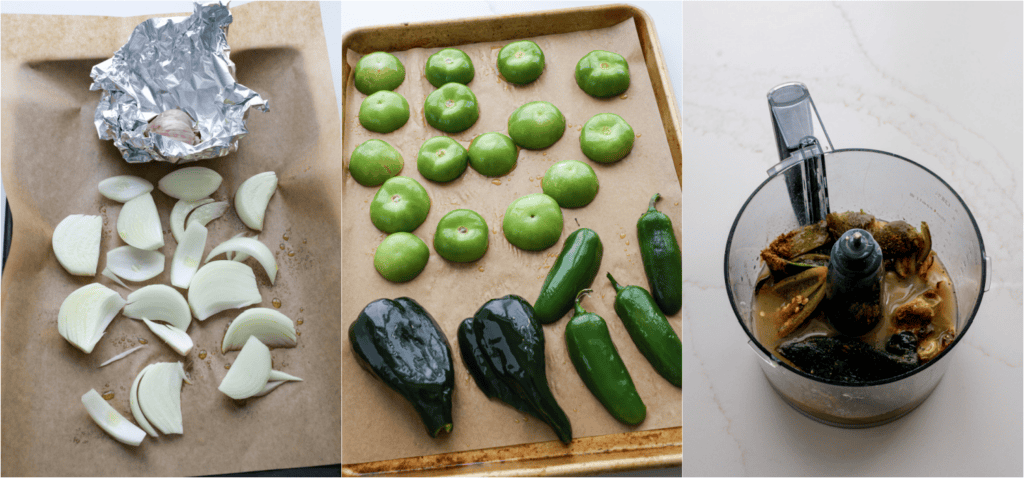 Some of the steps for making green enchilada sauce. Roast the onions and garlic.
Roast the tomatillos, poblano peppers, and jalapeño peppers.
Add the roasted vegetables, garlic, peppers, and chicken broth to a food processor.