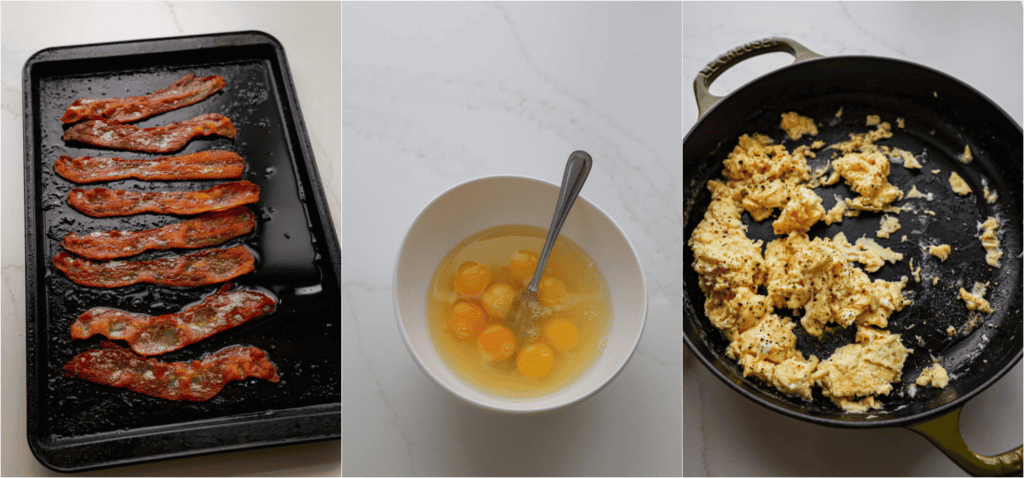 Some of the steps for making croissant sandwiches. Bake the bacon, Beat the eggs and cool water. Melt the butter in a large skillet over medium-low heat. Add the eggs and cook them scramble style.