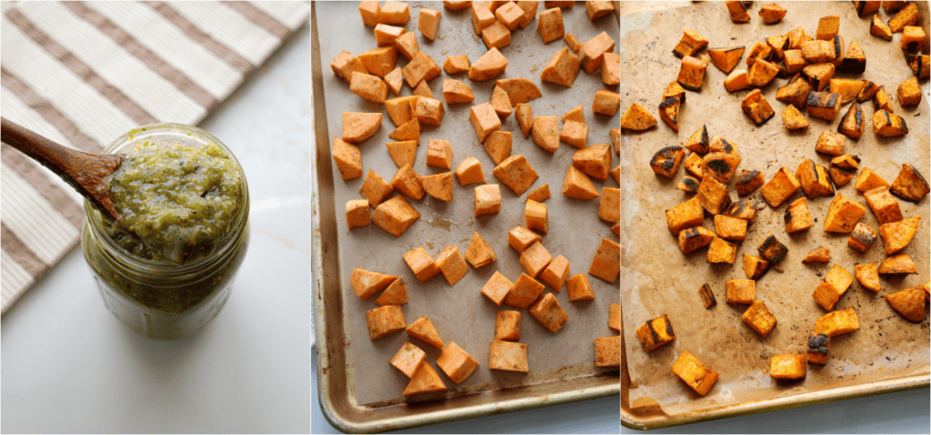Some of the steps for making enchiladas verdes. Make the enchilada sauce if you are making it homemade. This can be done up to 3 days in advance and stored in an airtight container in the refrigerator.
Roast the sweet potatoes
