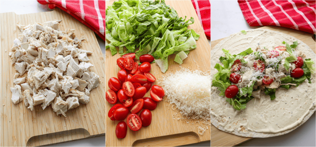 Some of the steps to making a chicken Caesar wrap. Spread the tortilla with Caesar salad dressing.
Add a handful of chopped romaine, cooked chicken, tomatoes, and a little grated Parmesan.