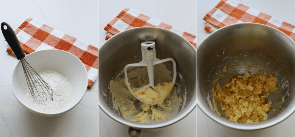Some of the steps for making tea cakes. Whisk the flour, baking powder, and salt. Cream the butter and sugar until light and fluffy.Reduce the speed to low and add the egg and vanilla extract. Beat just until combined.