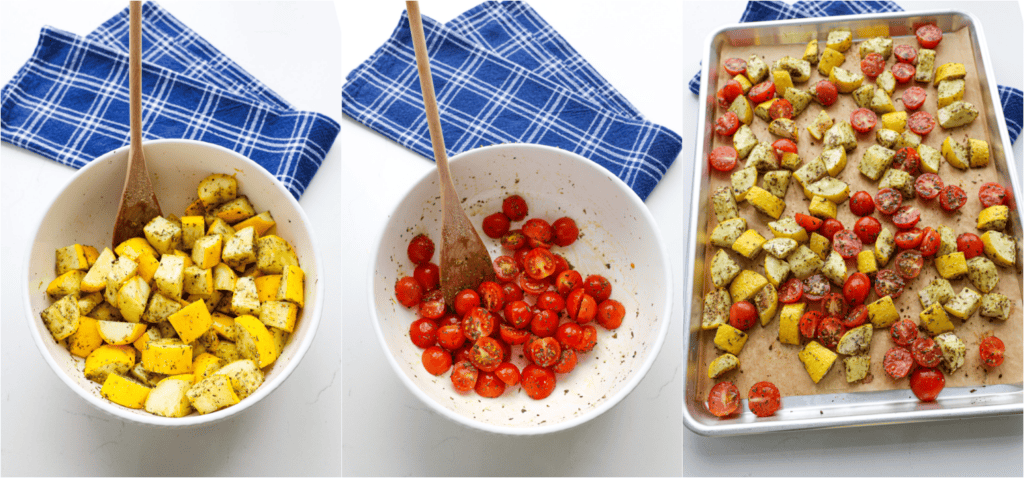 Some of the steps for making roasted yellow squash. Spread the yellow squash in a single layer on a parchment-covered baking sheet. Roast for about 10 minutes. Meanwhile, toss the dried cherry tomatoes with basil. Add the cherry tomatoes to the baking sheet with the yellow squash.