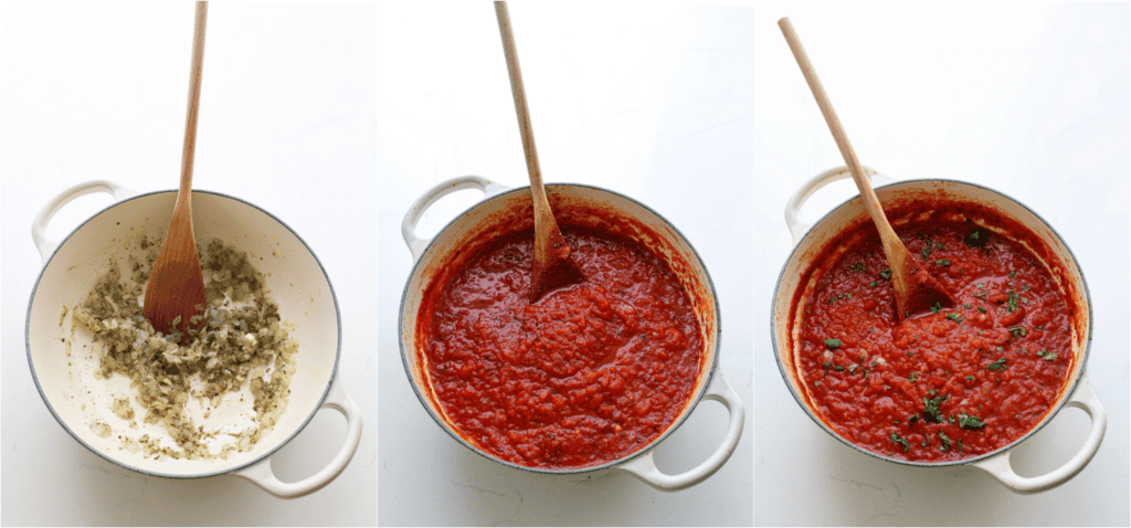 Some the steps for making homemade marinara. Heat the olive oil over medium heat. Add the onion and cook until soft.
Reduce the heat to low. Add the garlic and Italian seasoning.
Stir in the crushed tomatoes and tomato paste. Simmer for 15 minutes. Season with salt and freshly ground black pepper to taste. Sprinkle with fresh herbs before serving.