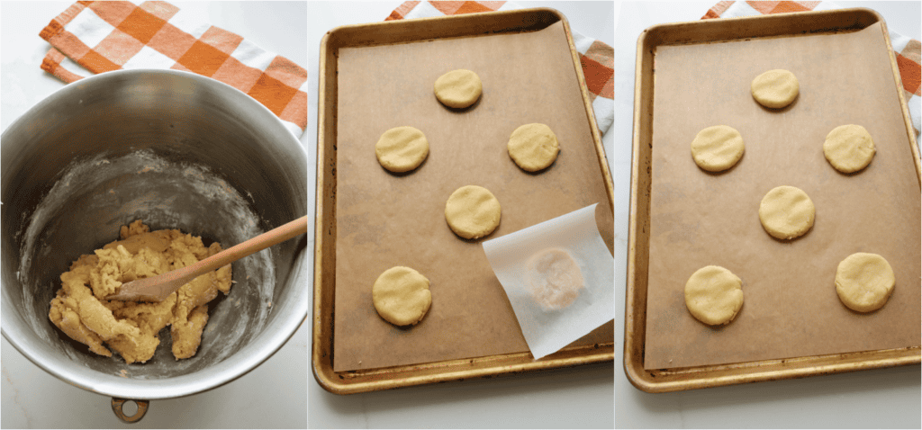 Some of the steps for making tea cakes. Stir the flour mixture into the butter mixture just until incorporated. Drop the dough by rounded scoops on a parchment paper-covered baking sheet. Using a small piece of parchment paper, press the cookies to about 1/3 inch thick.