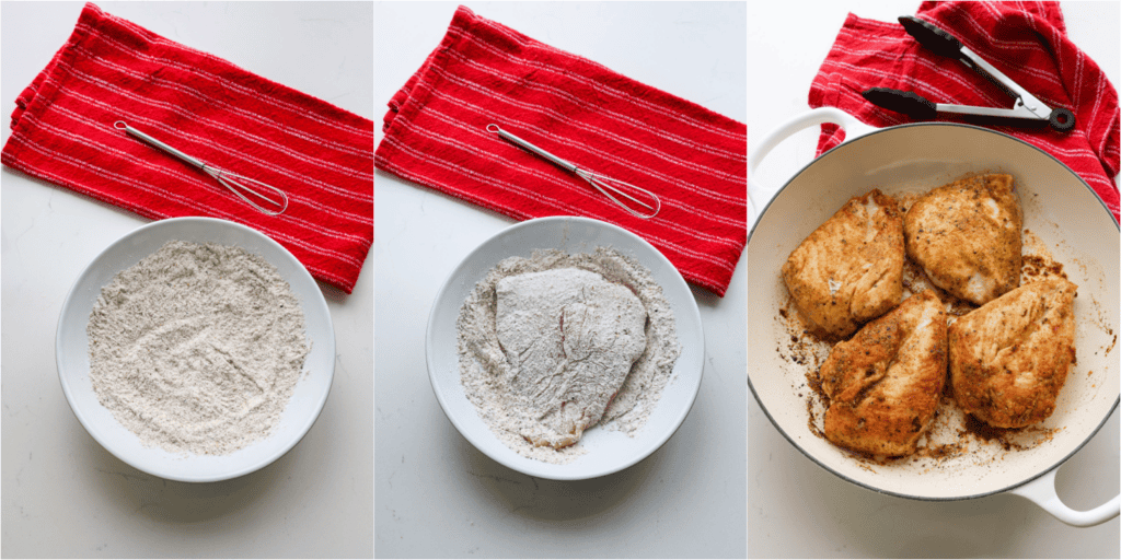 Some of the steps for making creamy garlic chicken. Whisk the flour, Italian seasoning, onion powder, smoked paprika, salt, and black pepper. Dredge the chicken cutlets through the flour mixture. Melt a little butter and heat the oil in a large skillet. Cook the chicken in the fat until golden brown on both sides and cooked through. Plate the chicken.