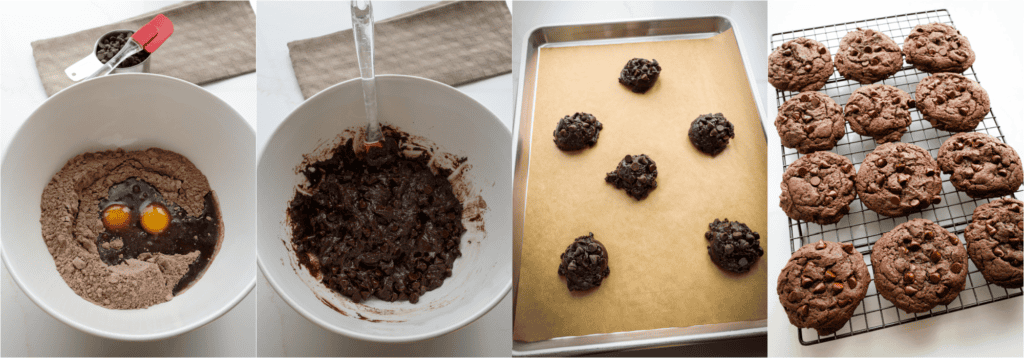Some of the steps for making fudgy chocolate chip cake mix cookies. Mix the cake mix, fat, and eggs.
Stir in any mix-ins. See above for ideas.Using a cookie scoop, drop the cookie dough onto a parchment-paper covered baking sheet. Bake until set and light browned on the bottom.