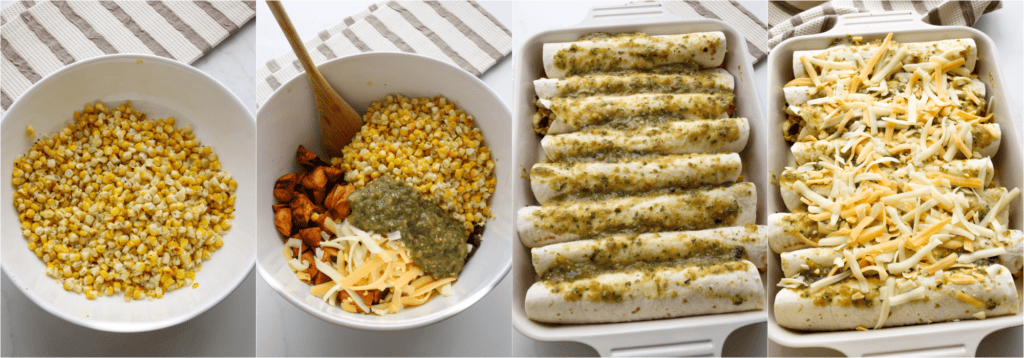 Some of the steps for making enchiladas verdes. Roast the corn. Combine the sweet potatoes, roasted corn, black beans, and almost half the cheese, and a little green enchilada sauce in a large bowl. Stuff and roll the enchiladas, placing them in a 9x13-inch casserole dish as you roll them. Spread more green enchilada sauce over the rolled tortillas. Top with the remaining cheese