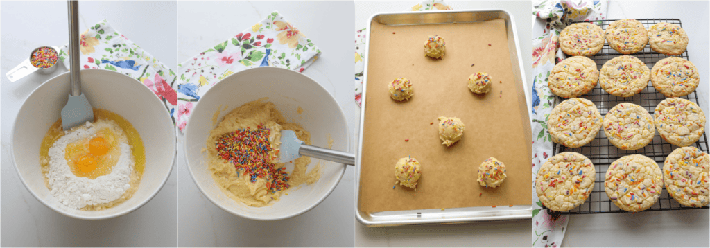 Some of the steps for making confetti cake mix cookies.