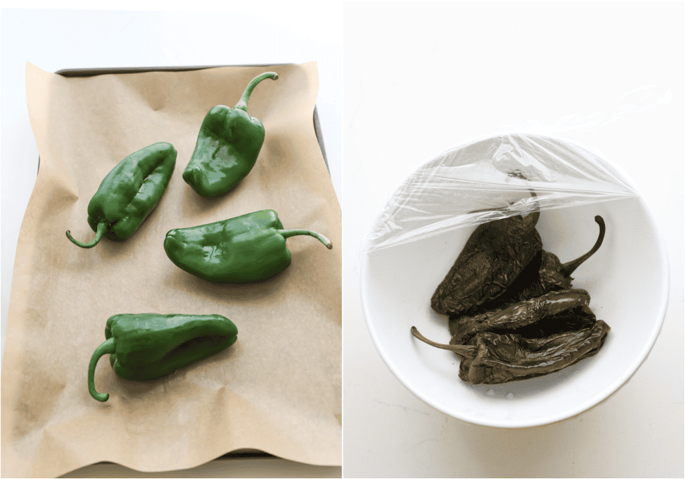 Some of the steps for making white turkey chili. Roast the poblano peppers. Place them in a covered bowl.