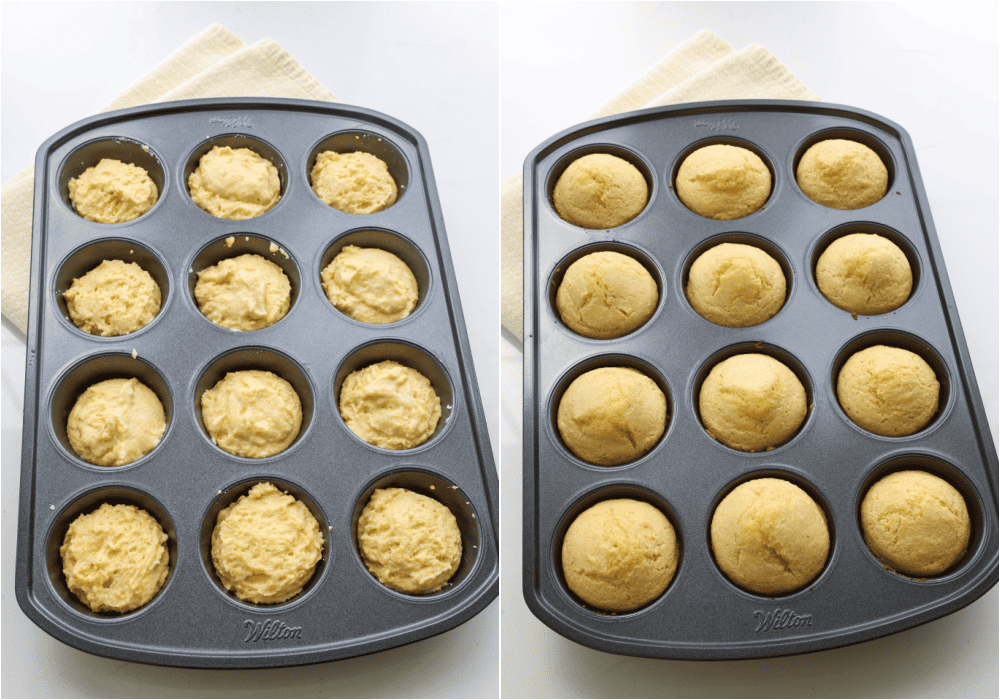 Some of the steps to making cornbread muffins. Using a large 3-tablespoon cookie scoop, add the batter to a well-greased muffin tin.
Bake until lightly browned and set.