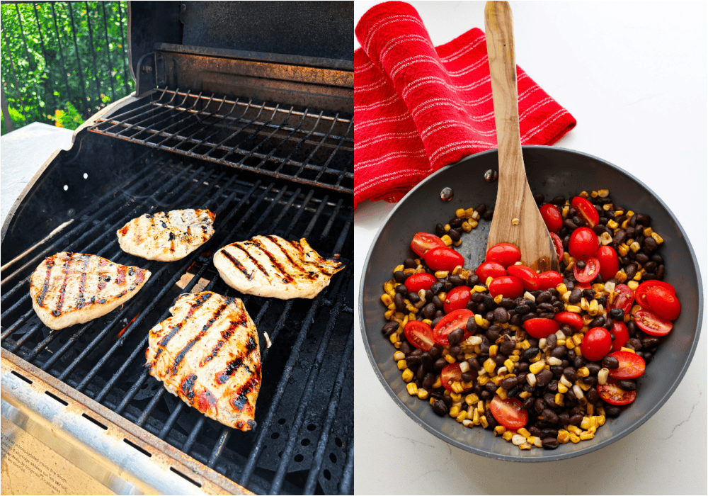 Some of the steps for making grilled chicken wraps. Grill the chicken and let it rest on a plate loosely covered with aluminum foil. Blacken the corn in a skillet. Then add the black beans and tomatoes to warm. Season with salt and black pepper to taste.