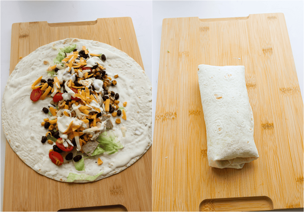 Some of the steps for making grilled chicken wraps. Spread a little lettuce over the center of each tortilla, followed by the chicken, black bean mixture, and cheese. Wrap tightly.