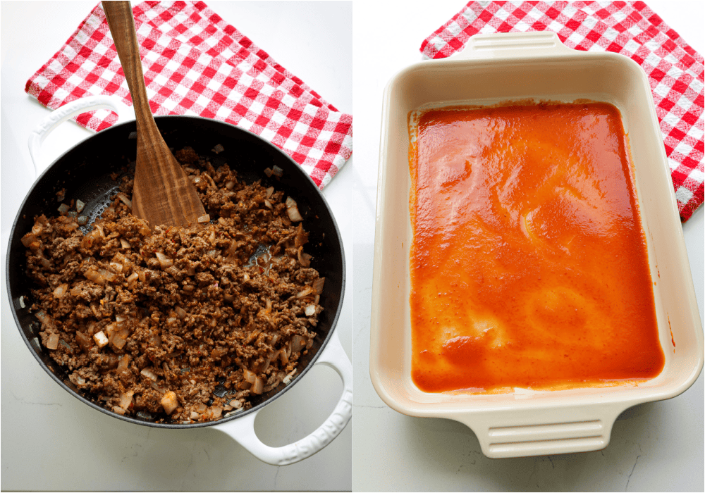 Some of the steps for making enchiritos. Brown the ground beef, adding the onion about halfway through the browning process. Reduce the heat to low and add the garlic. Add the taco seasoning and water and simmer.Spread a thin layer of enchilada sauce in the bottom of a casserole dish.